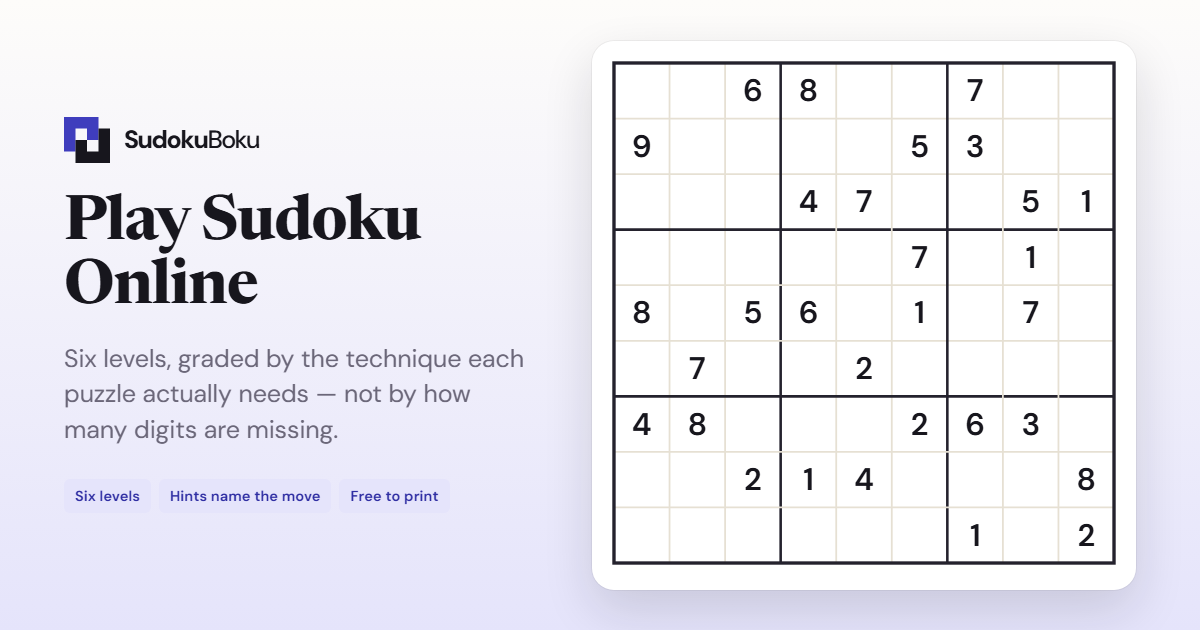 Play Sudoku Online — free 9×9 puzzles, six levels